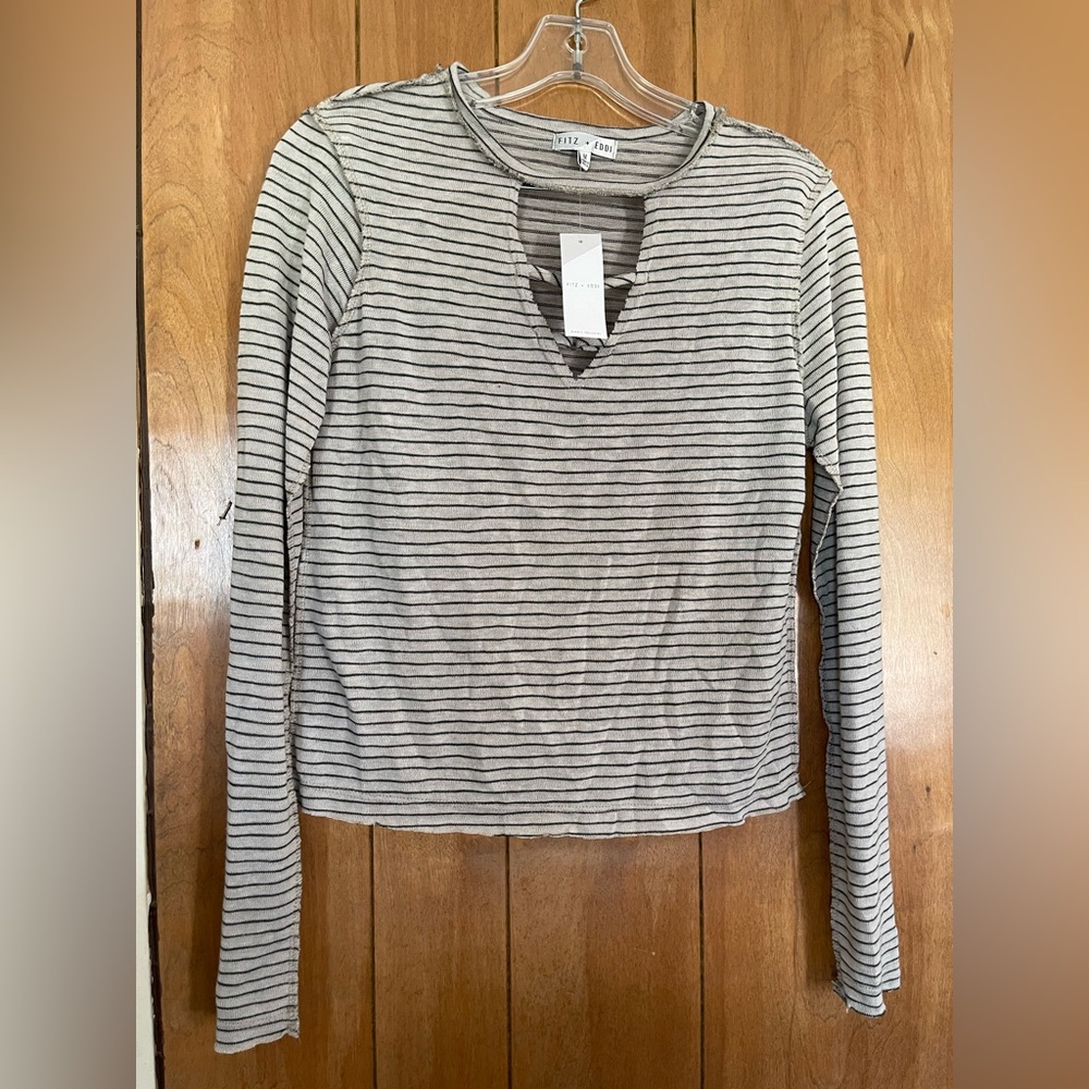 FITZ & EDDI NWT medium Striped Long Sleeve Top lightweight preppy neutral shirt